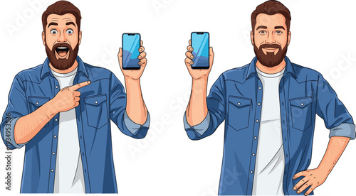Bearded man showing smartphone screen, excited male character presenting mobile phone isolated on white background vector illustration