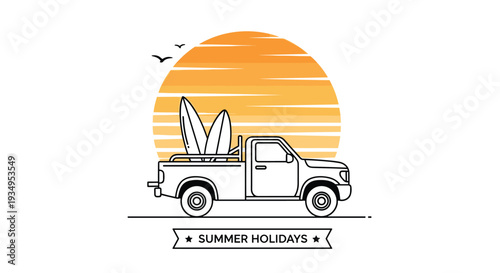 Nostalgic line art illustration of a vintage pickup truck carrying surfboards at sunset for a summer holidays and surfing adventure theme.