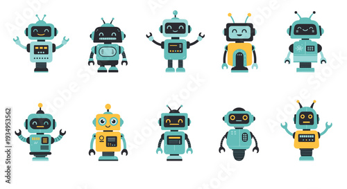 Collection of ten cute and friendly robot characters in various designs and poses with light blue and yellow accents.