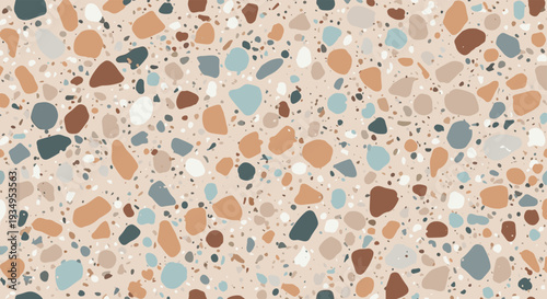 Modern terrazzo seamless pattern featuring a colorful assortment of stone chips on a light beige background for interior design themes.