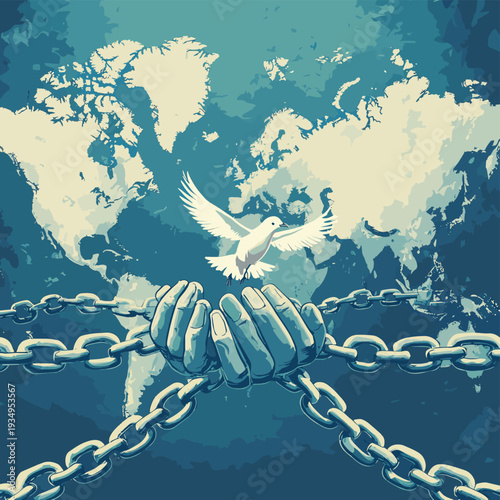 Symbolizing freedom and liberation, hands break free from chains with a dove flying above a world map, representing global peace and unity , vector style simple color