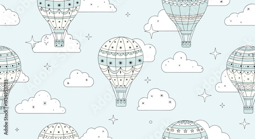 Whimsical seamless pattern of detailed hot air balloons floating among stars and clouds on a soft light blue background.