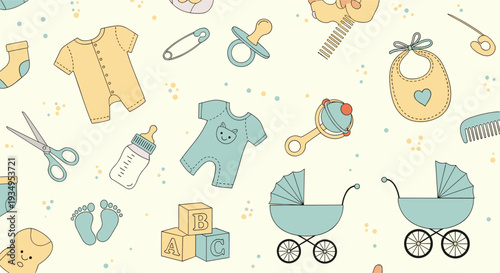 Detailed seamless pattern of various baby items including strollers, clothes, bottles, and toys in soft blue and yellow tones.