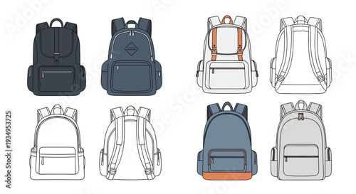 Set of different backpack designs in various colors and line art styles suitable for school, travel, and everyday outdoor use.