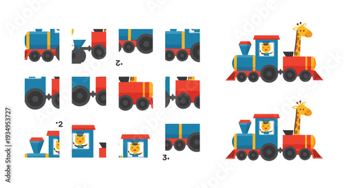 Educational puzzle game for children showing pieces of a toy train driven by a giraffe that need to be correctly assembled.