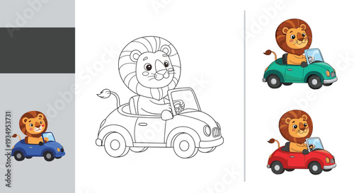 Fun coloring book page for kids showing a cute lion driving a small car with completed color examples on the side.