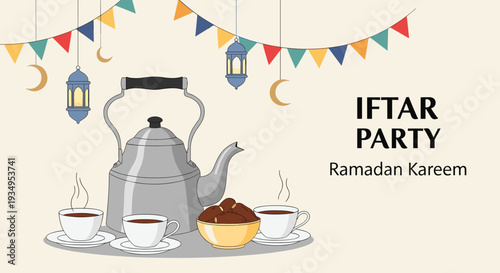 Iftar party invitation for Ramadan Kareem featuring a traditional teapot, dates in a bowl, coffee cups, and festive hanging banners.