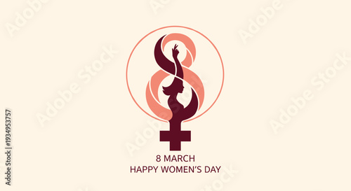 Stylized International Women Day logo featuring the female symbol integrated with the number eight and a silhouette of a woman.