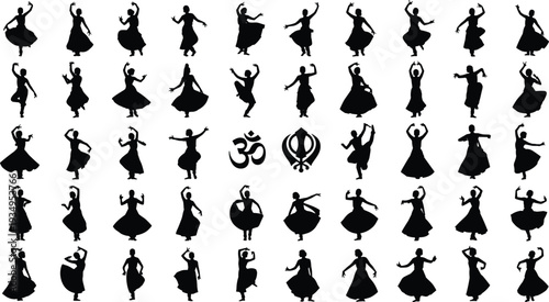 Black silhouettes of Indian classical dancers in traditional poses with Om and Khanda symbols, isolated vector icons for cultural design.