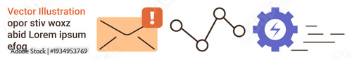 Communication, email alerts, data analysis, automation, workflow, process optimization. An envelope with an exclamation mark, line graph gear and motion lines. Communication and data analysis