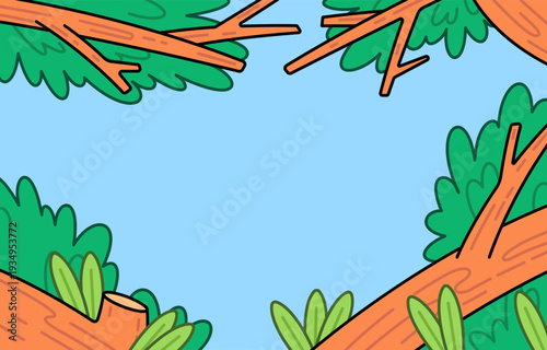 Colorful cartoon forest frame with tree branches and green leaves forming a natural border. Ideal for nature themes, kids design, storytelling backgrounds, and eco concepts.