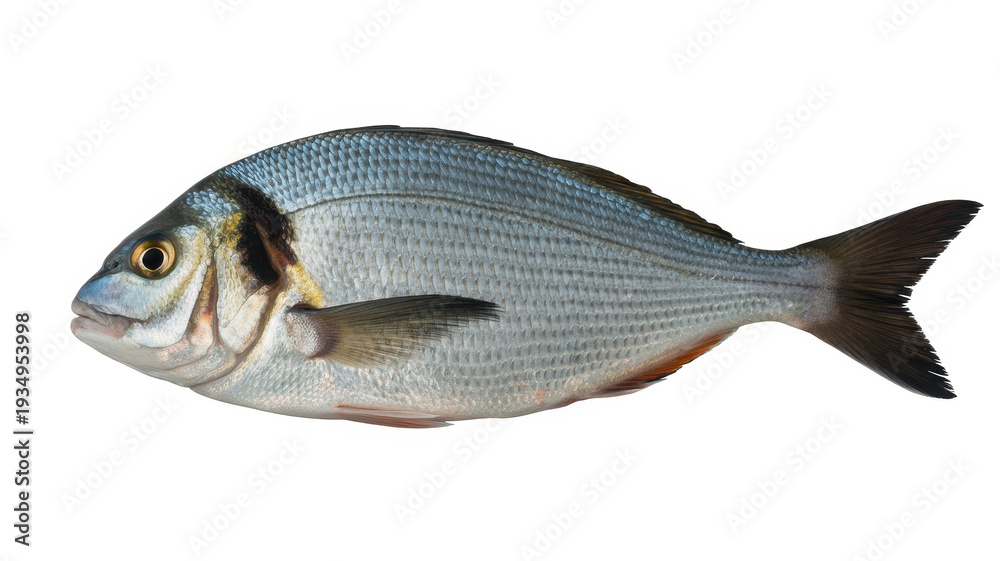 Obraz premium Gray fish with black fins and yellow eyes silver scales