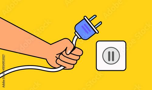 Flat illustration of a hand holding an electric plug near a wall socket on yellow background. Ideal for electricity, power connection, safety, and energy concepts in modern design.