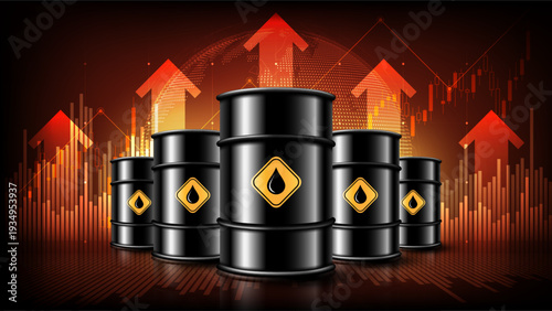 Global crude oil price surge and energy crisis concept with rising charts and oil barrels, vector illustration