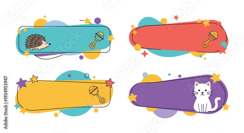 Collection of four colorful baby banner templates decorated with cute illustrations of a hedgehog, white cat and rattles.