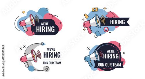 Collection of we are hiring banners featuring megaphones and abstract shapes to attract new team members for jobs.