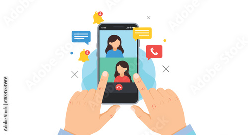 Illustration of hands holding a smartphone during a video call between two women with chat and alert icons around.