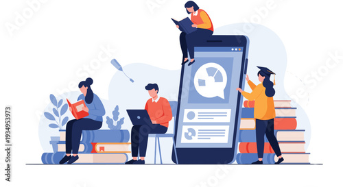 Digital learning and online education concept showing people reading books and using laptops around a large mobile phone.