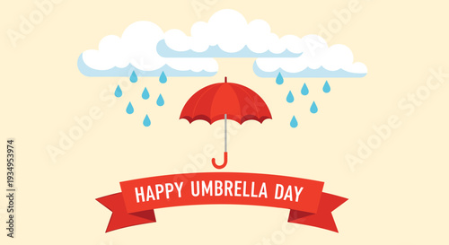 Happy Umbrella Day greeting card featuring a red umbrella protecting from raindrops under fluffy white clouds.
