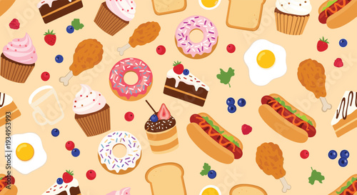 Seamless background pattern filled with delicious food items like fried chicken, cupcakes, donuts, hot dogs and eggs.
