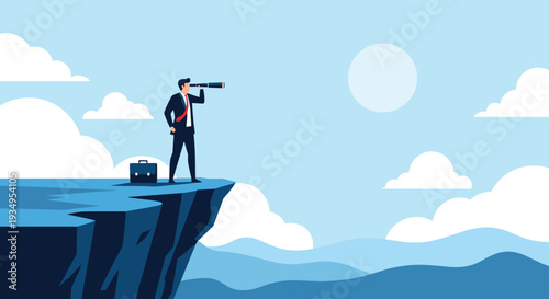 Motivated businessman standing on a high cliff edge looking through a telescope towards the bright sun and distant hills.