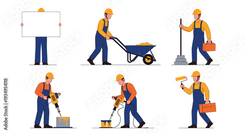 Collection of six construction worker characters performing various tasks like painting, drilling and hauling materials.
