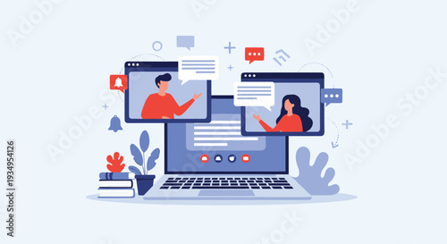 Online video conferencing and digital communication concept showing two people in windows above a laptop with various icons.