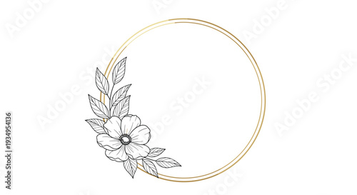 Minimalist gold circular frame decorated with a single black and white line art flower and leaf illustration on the side.
