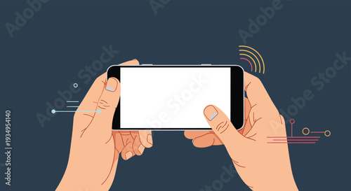 Human hands holding a smartphone horizontally with a blank white screen isolated on a dark navy blue background.