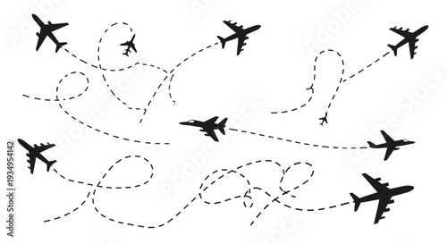 Seamless background pattern of black airplane silhouettes with dotted flight paths zigzagging across a white space.