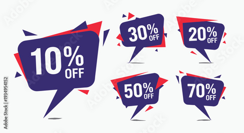 Collection of five colorful discount banners offering 10 to 70 percent off for marketing and sales promotions.