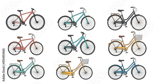 Collection of nine diverse bicycle designs including mountain bikes, city bikes and vintage styles in various colors.