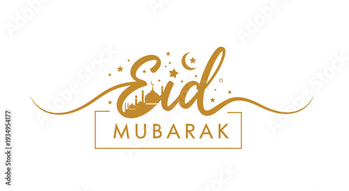 Elegant Eid Mubarak greeting with gold-colored calligraphy, a mosque silhouette and stars on a white background.