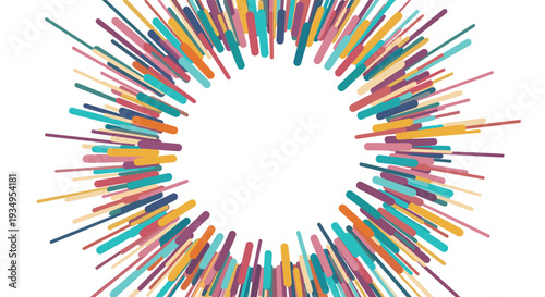 Abstract circular background made of many colorful lines radiating outwards from a central white space for creative projects.