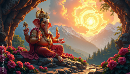 Ganesha Meditating at Mountain Peak with Sunrise and Blooming Flowers