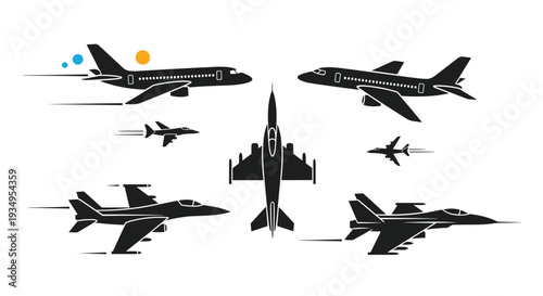 Collection of black silhouettes of various aircraft including passenger planes and fighter jets on a white background.