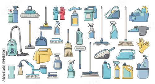 Extensive set of cleaning equipment and household supplies including vacuum cleaners mops sponges and detergent bottles.
