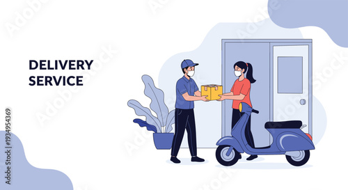 Delivery man on a scooter handing over a package to a female customer while wearing masks for safety and hygiene.