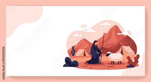Biblical or historical scene of a shepherd kneeling with his sheep in a desert landscape with mountains and tents.