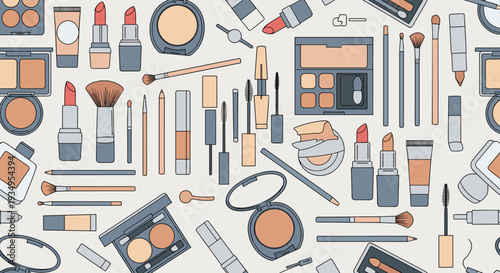 Seamless background pattern of diverse makeup products and professional cosmetic tools like lipstick brushes and palettes.