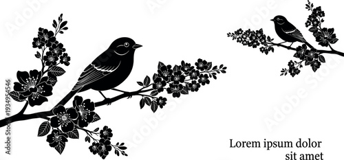 Black Bird on Cherry Blossom Branch Silhouette, Spring Floral Nature Illustration,Black Bird on Cherry Blossom Branch Silhouette, 
