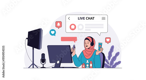 Young muslim woman wearing hijab and headphones conducting a live chat session to promote various beauty products and cosmetics.