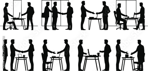 Black silhouette business people shaking hands in office meeting, professional teamwork and partnership scenes collection, corporate success concept vector illustration