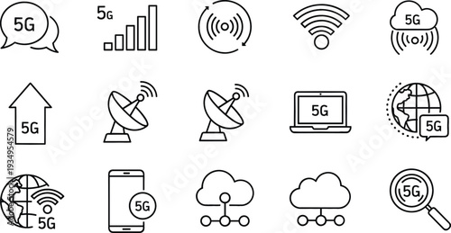 Black and white line vector icon set of 5G network technology featuring high speed signal bars satellite dishes wireless cloud computing and global connectivity symbols.
