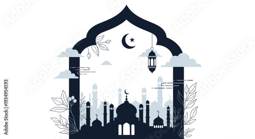 Elegant silhouette of a mosque against a cloudy sky with a crescent moon and hanging lantern for islamic festival celebrations like eid.