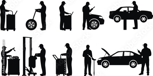 Black silhouette mechanics servicing car in auto workshop, professional vehicle maintenance and repair process collection, automotive service concept vector illustration