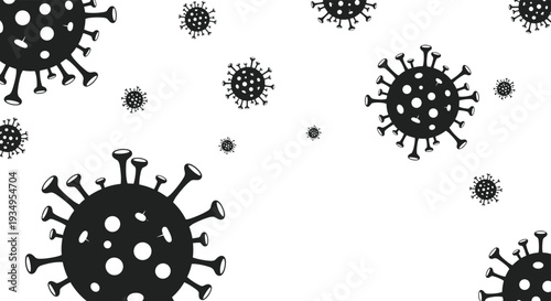 Stark illustration of multiple coronavirus cells of different sizes floating against a white background to represent a pandemic.
