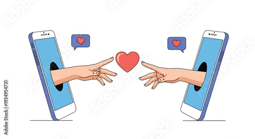 Two hands reaching out from smartphone screens towards a central floating red heart representing long distance relationships and love.