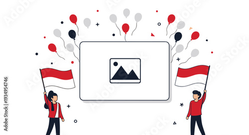 Celebration template for independence day featuring two people holding flags next to a large blank photo frame with festive balloons.