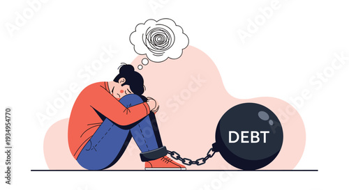 Depressed young woman sitting on the floor with a heavy iron ball and chain labeled debt attached to her leg representing debt burden.
